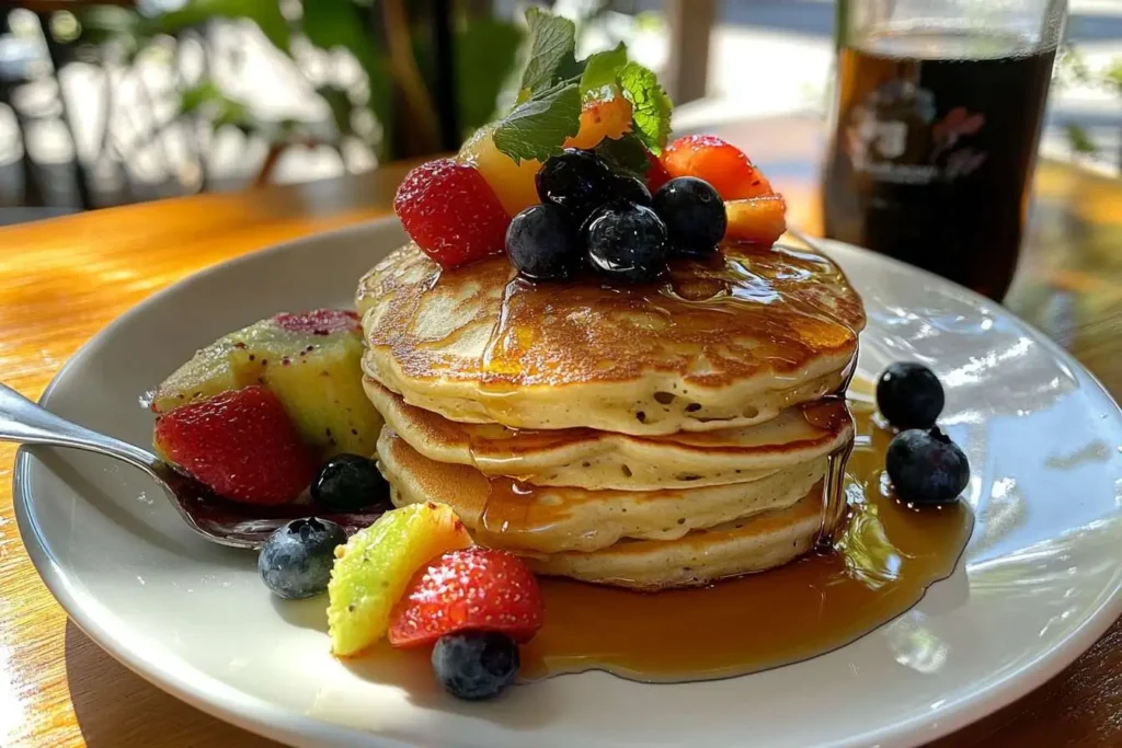 A stack of blueberry pancakes topped with fresh blueberries, strawberries, kiwi slices, and a drizzle of maple syrup.