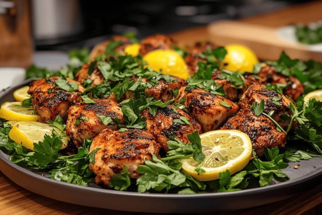 Roasted harissa chicken thighs garnished with parsley and lemon wedges, served on a rustic plate.