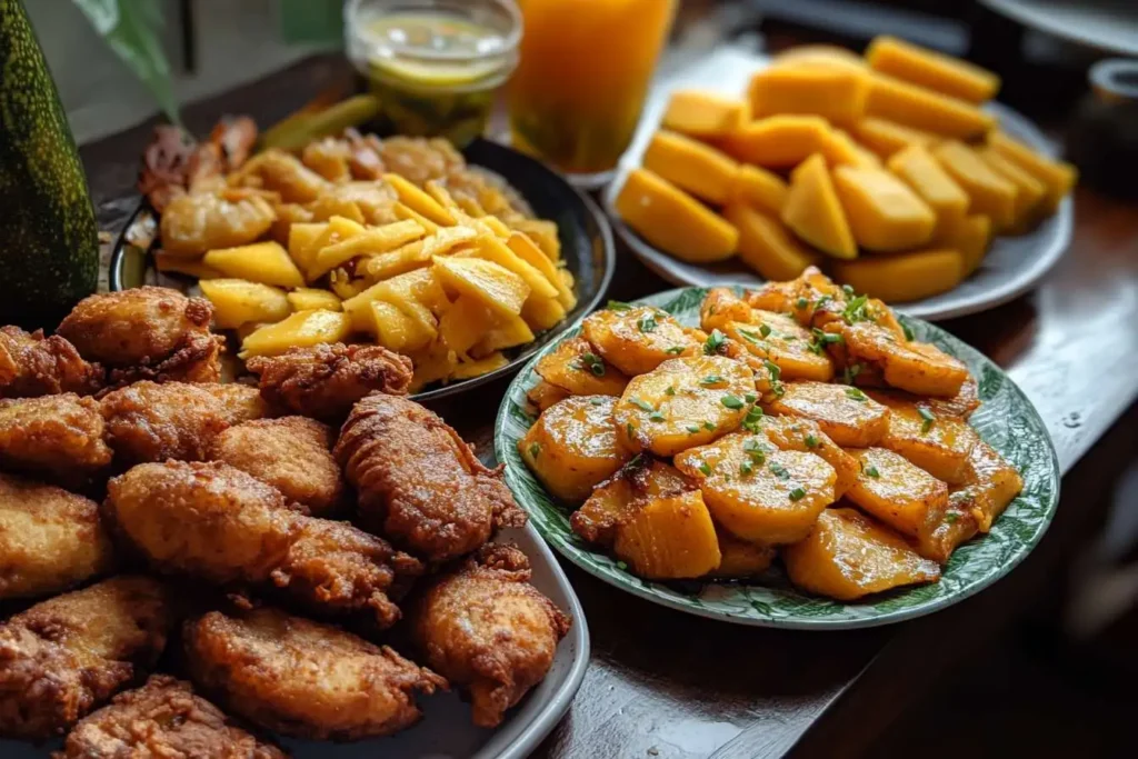 A colorful plate of callaloo, fried plantains, dumplings, and fresh tomato slices for a Jamaican breakfast.
