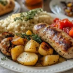 Plated chicken apple sausage with mashed potatoes and roasted vegetables.