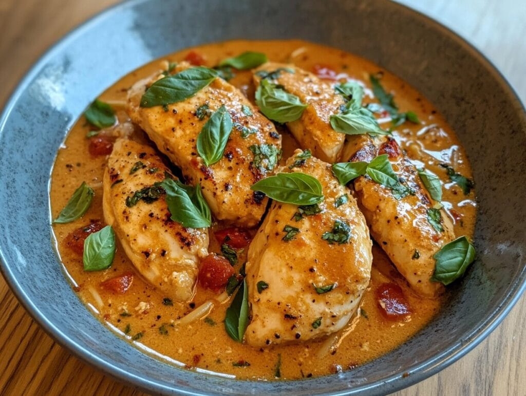 A bowl of creamy Italian chicken pasta garnished with fresh basil and Parmesan cheese.