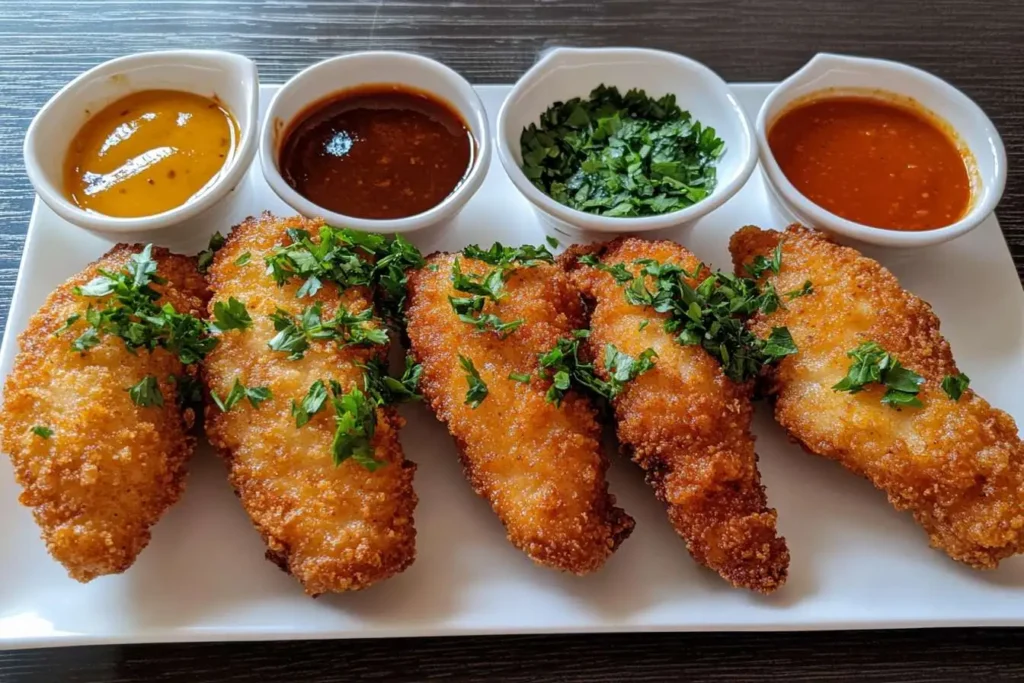 A platter of golden chicken strips served with ranch, honey mustard, and BBQ dipping sauces.