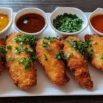 A platter of golden chicken strips served with ranch, honey mustard, and BBQ dipping sauces.