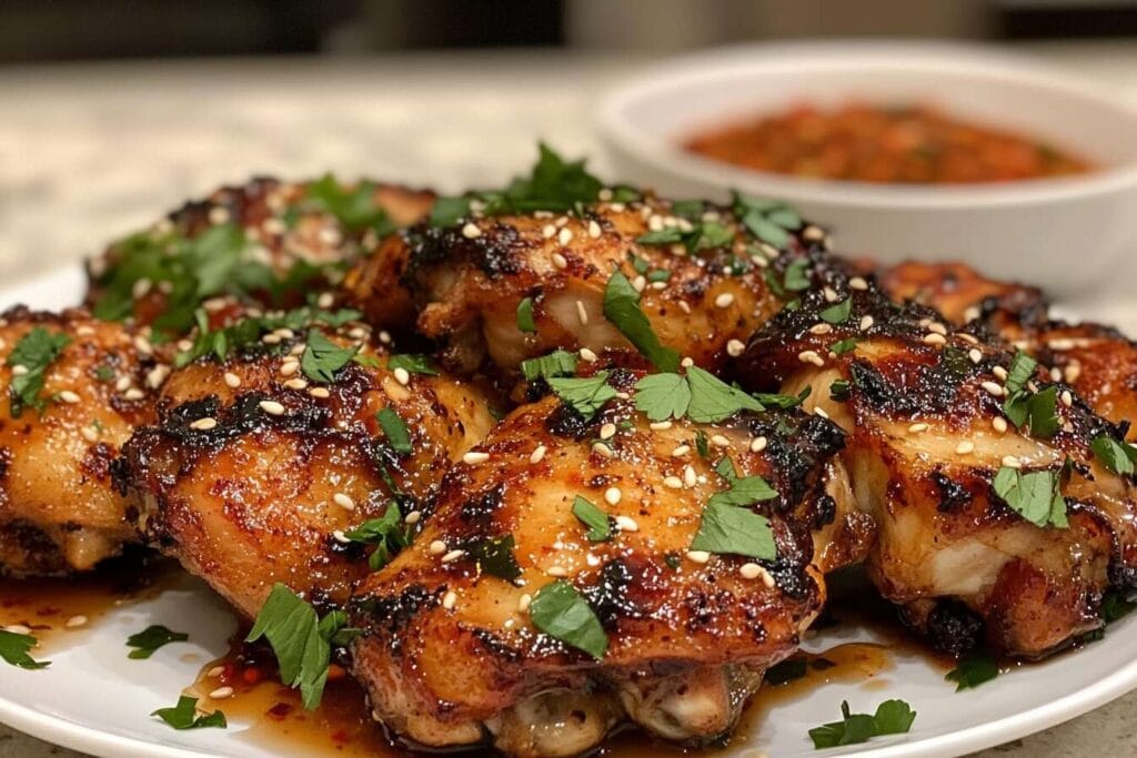 Crispy hot honey chicken thighs drizzled with glossy honey glaze, garnished with sesame seeds and parsley on a rustic plate.