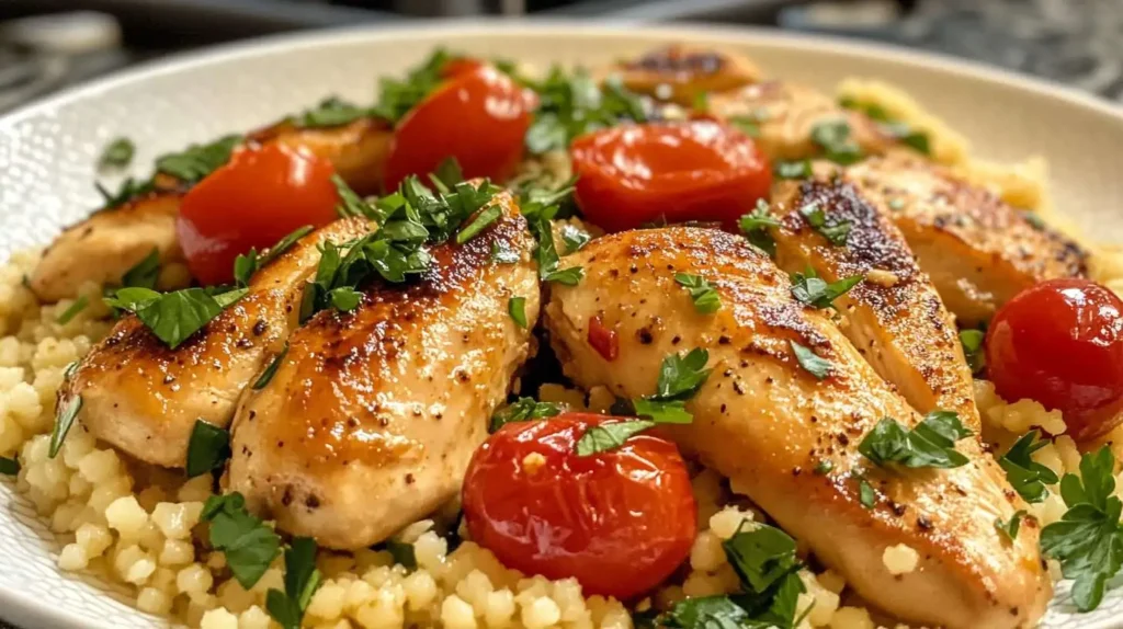 Chicken couscous in a rustic bowl with parsley, cherry tomatoes, and lemon wedges.
