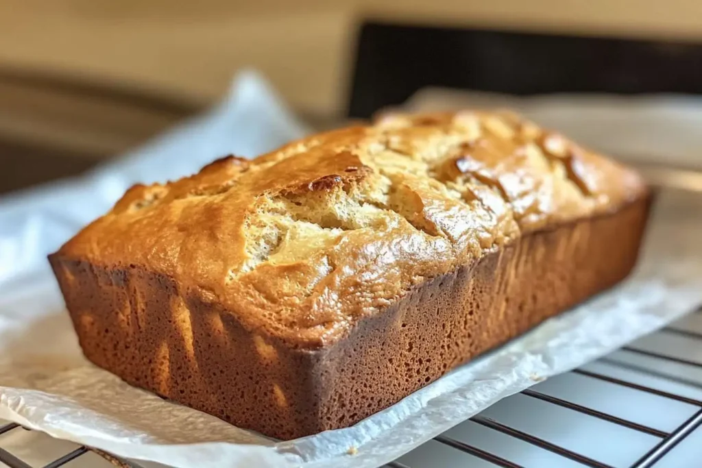 A freshly baked loaf of sugar-free pear bread cooling on a wire rack.