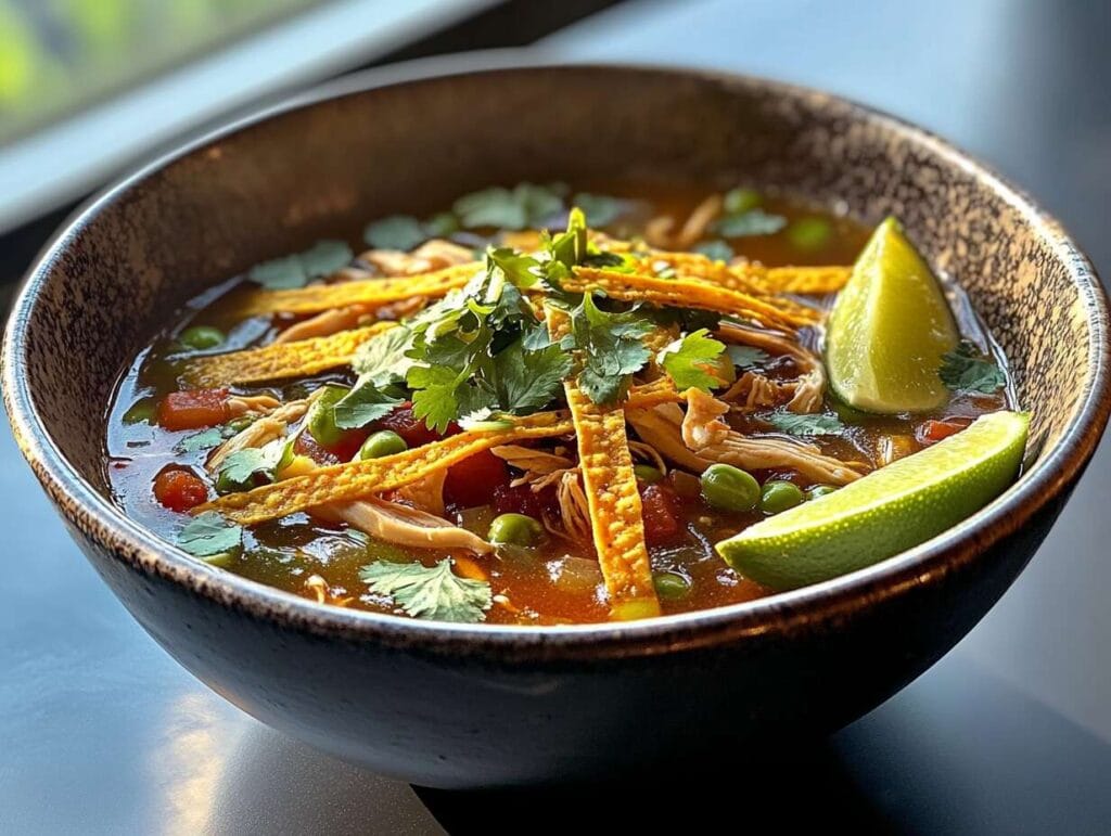 A bowl of Mexican chicken soup with shredded chicken, black beans, zucchini, and tortilla strips, garnished with cilantro and lime wedges.