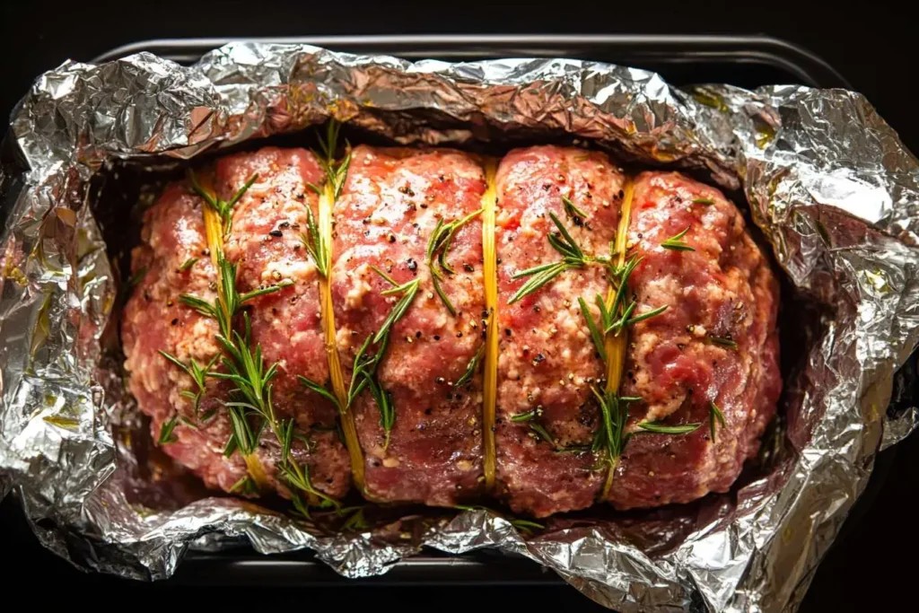 Raw chicken meatloaf garnished with sprigs of rosemary, wrapped in foil, and ready for freezing or baking.