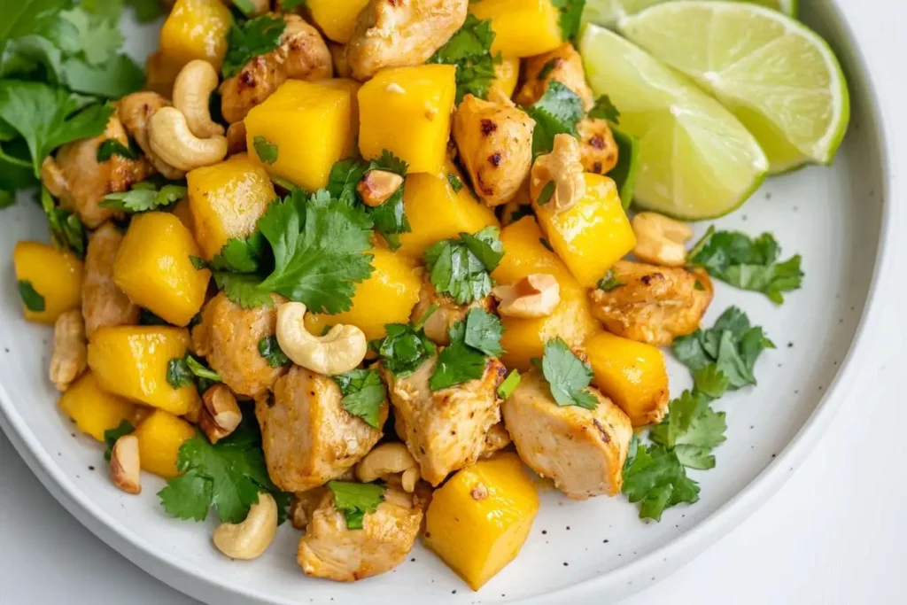 Mango chicken served with chopped cashews, fresh cilantro, and lime wedges on a white plate.