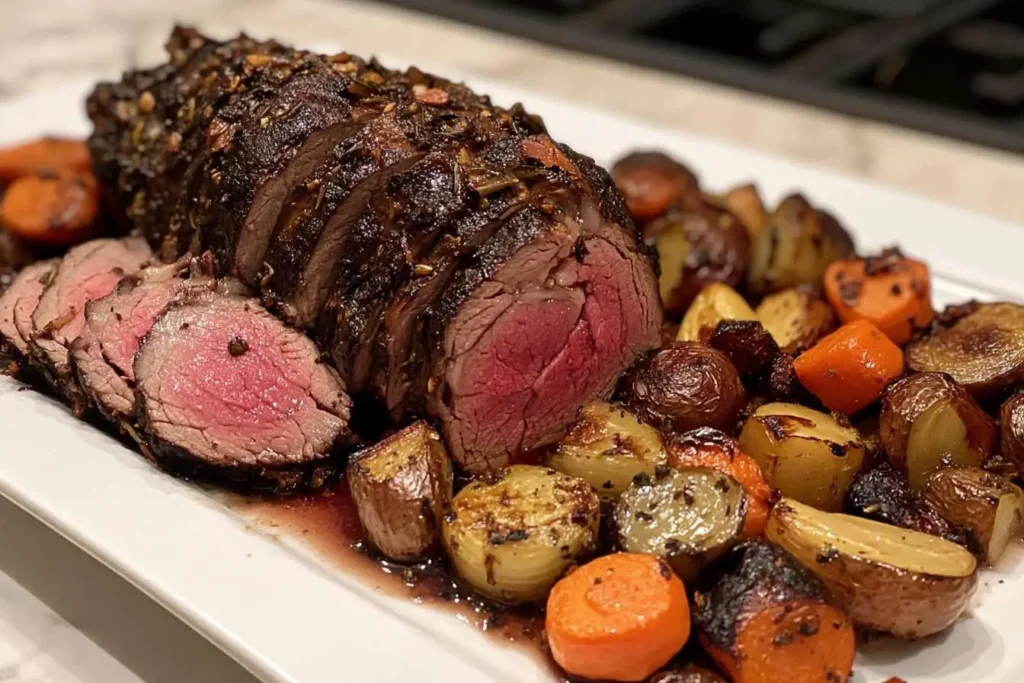 Juicy medium-rare elk roast sliced on a platter, surrounded by roasted potatoes and carrots.