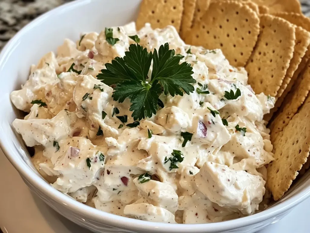 A creamy Southern chicken salad in a white ceramic bowl, garnished with parsley and served with crackers.