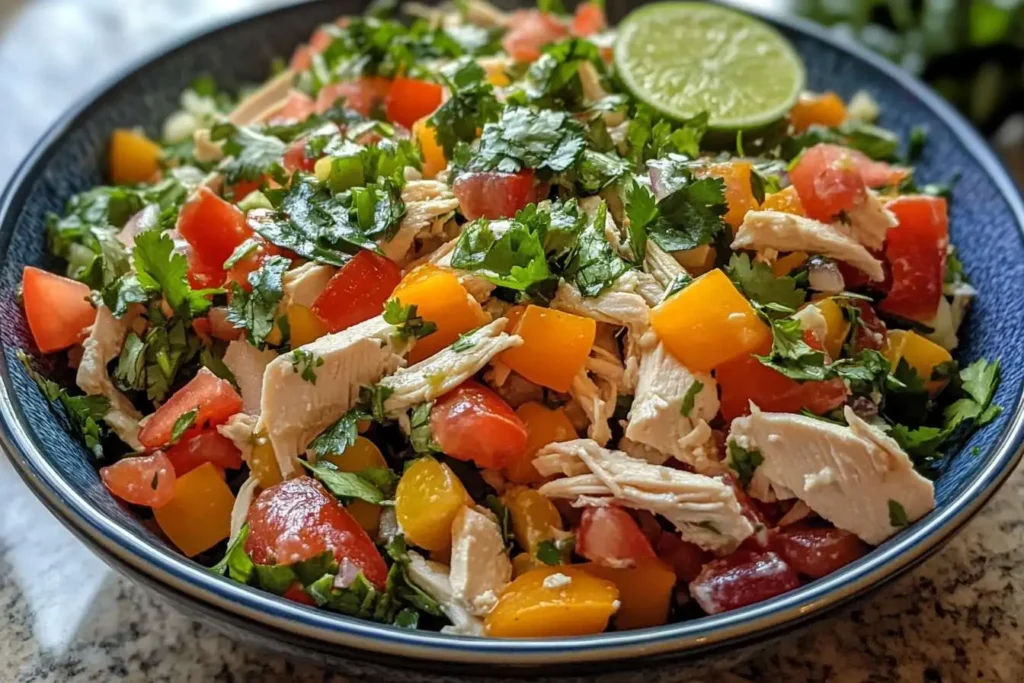 A bowl of Mexican chicken salad with black beans, corn, avocado, and creamy dressing.