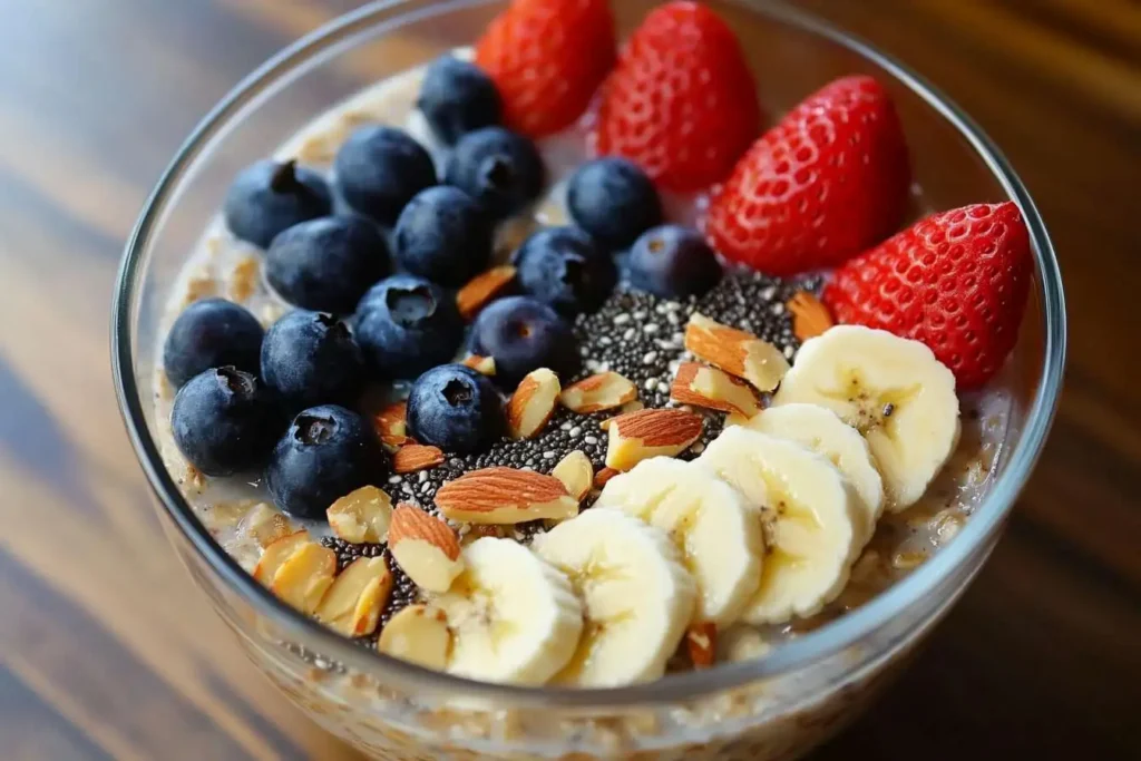 A bowl of overnight oats topped with banana slices, strawberries, blueberries, almonds, and chia seeds.