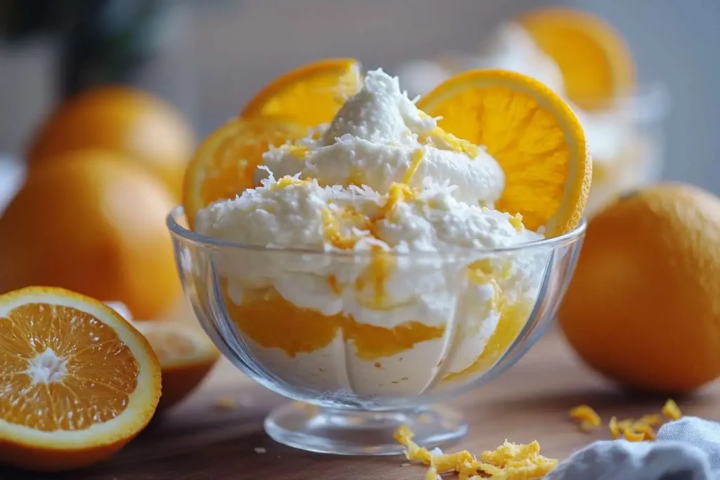 A glass dessert bowl filled with creamy orange fluff, garnished with fresh orange slices, shredded coconut, and orange zest.
