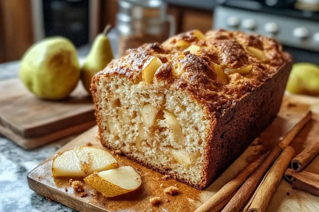 Sliced rustic pear bread with golden crust and chunks of fresh pears on a wooden cutting board.