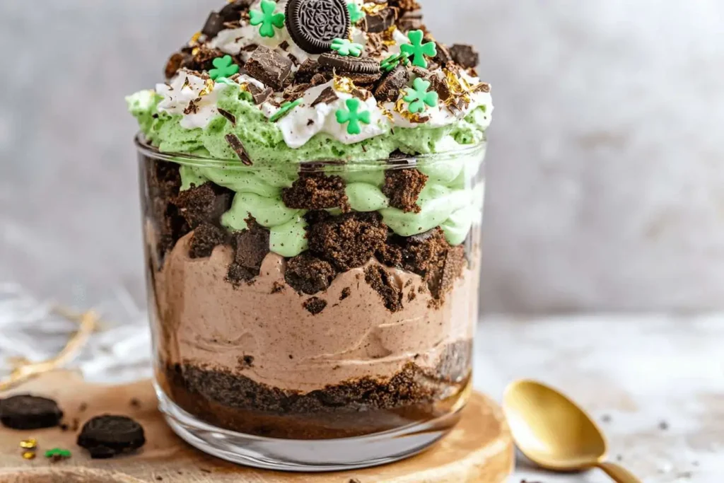 A fully assembled St. Patrick’s Day Brownie Trifle in a glass cup, decorated with gold sprinkles, chocolate chunks, and mint whipped cream.