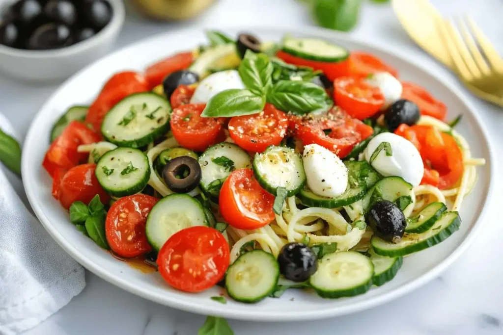 A plate of Italian Spaghetti Salad with fresh veggies, mozzarella, and a zesty dressing on a marble surface.