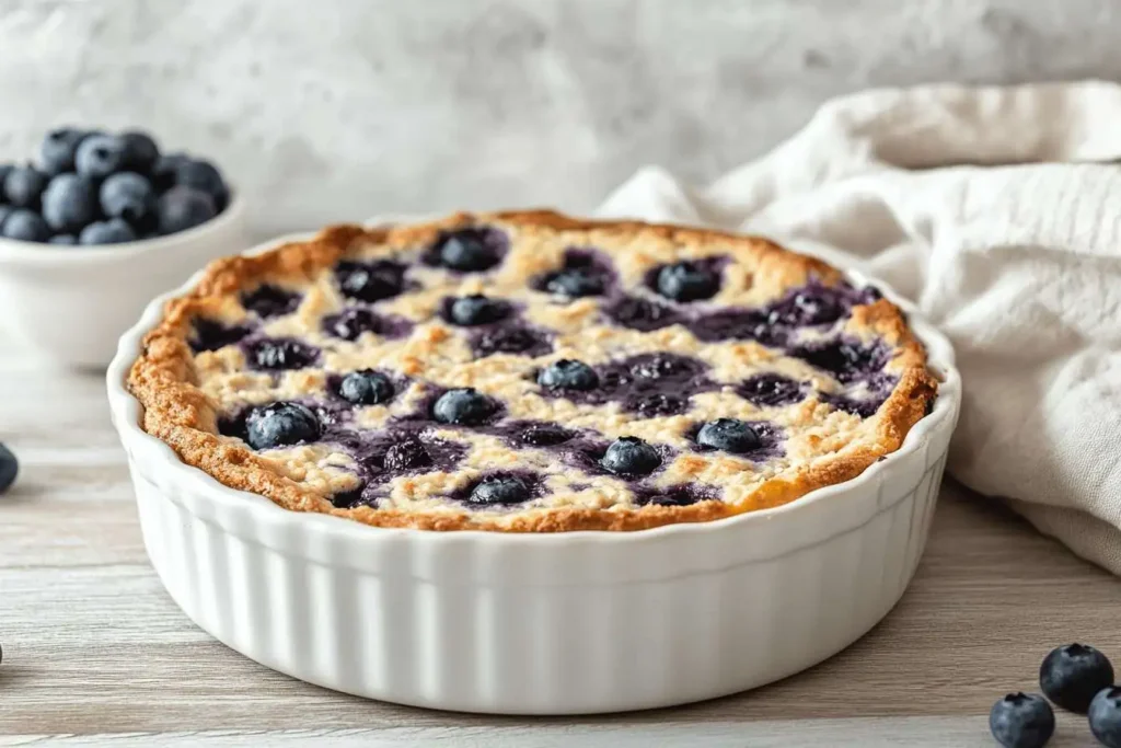 A warm blueberry cottage cheese breakfast bake in a white dish, with golden crust and baked blueberries on top.