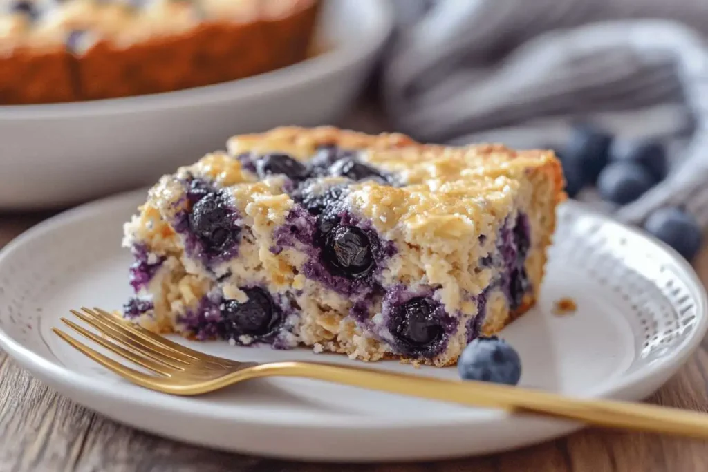 A close-up of blueberry cottage cheese breakfast bake on a fork, highlighting the creamy oats and baked blueberries.