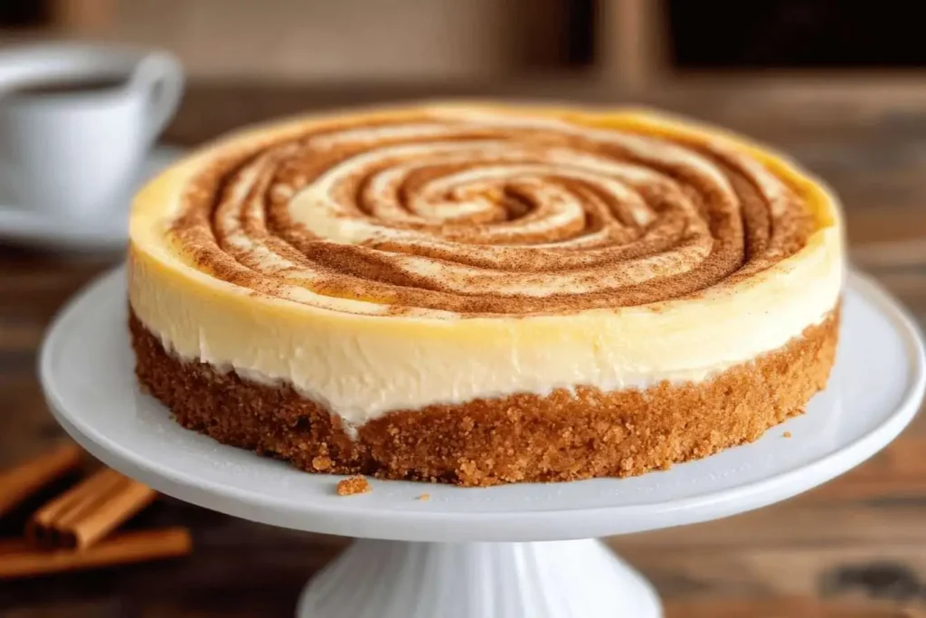 Drizzling cream cheese glaze over a cinnamon roll cheesecake.