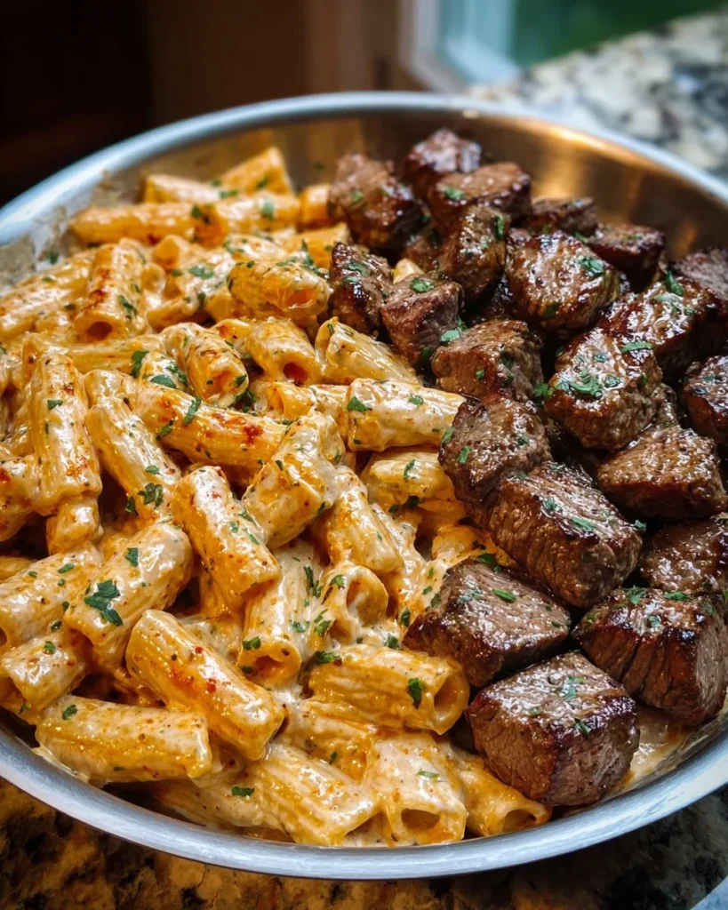 Cajun steak tips served in cheesy rigatoni parmesan sauce