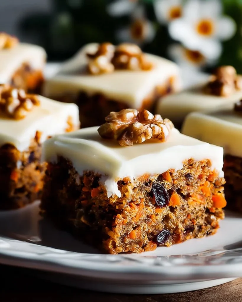 Delicious carrot cake bars with cream cheese frosting on a plate