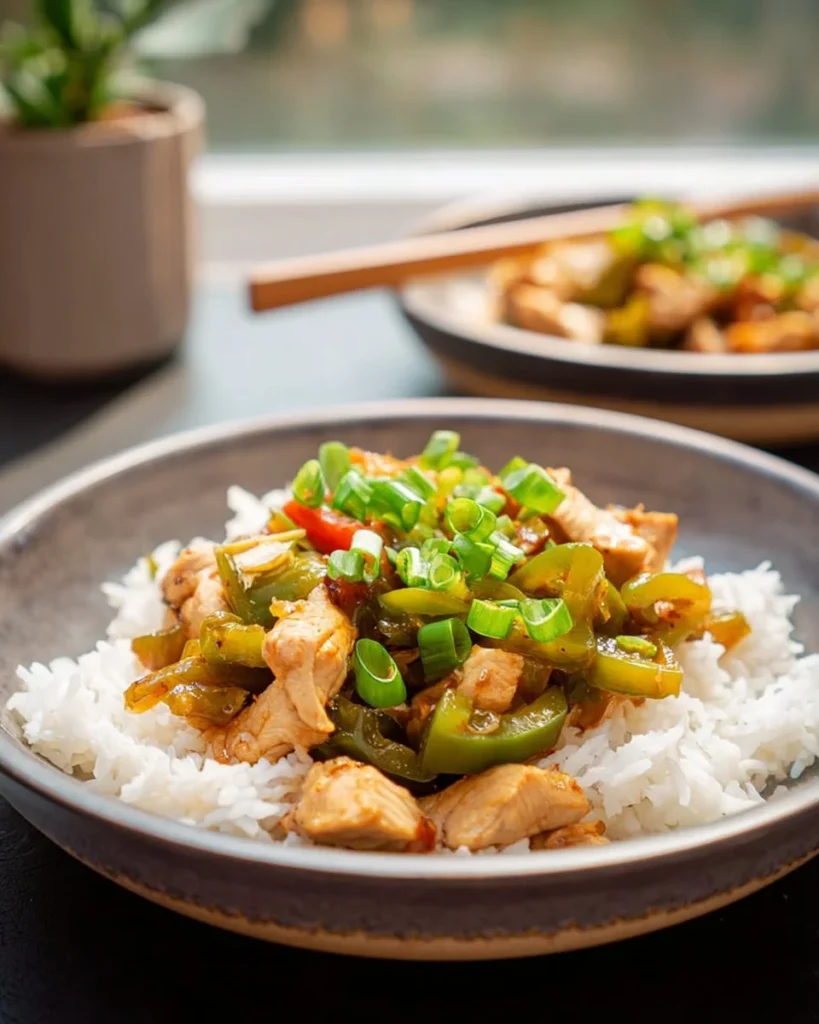 Chicken stir-fry with bell peppers and vegetables in a skillet