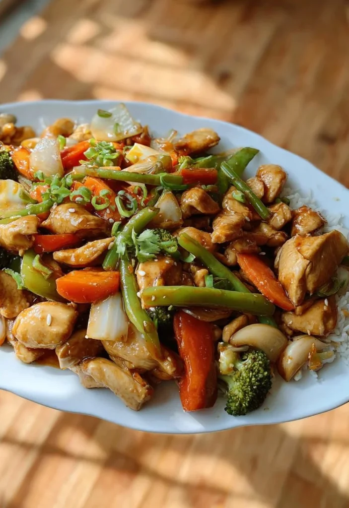 A colorful chicken and vegetable stir fry served in a bowl, showcasing fresh ingredients.