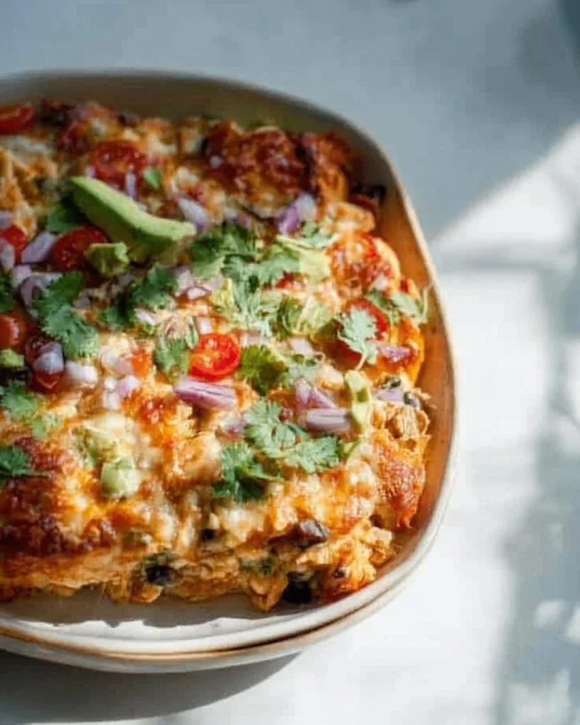Delicious Chicken Burrito Casserole topped with cheese and fresh ingredients