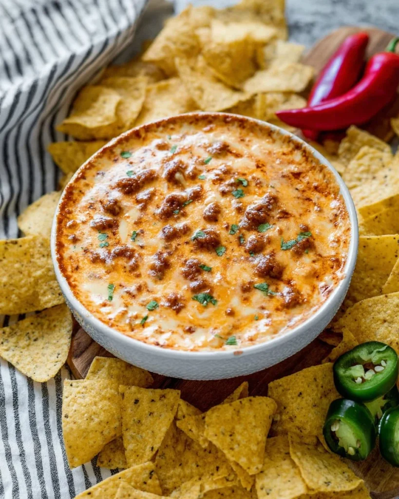 Delicious and creamy chili cheese dip served in a bowl with tortilla chips