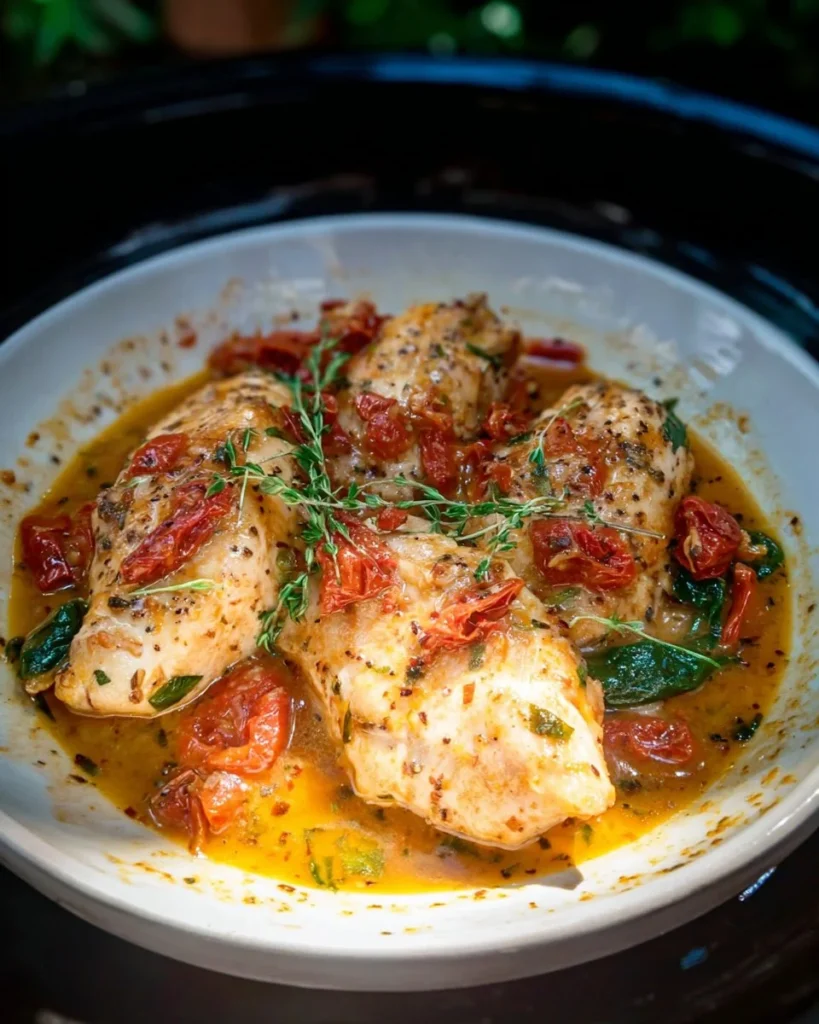 Delicious Crock Pot Tuscan Chicken served with herbs and sun-dried tomatoes