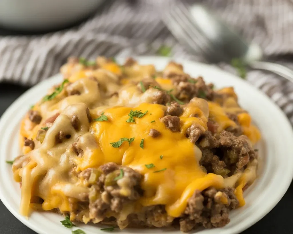 Delicious gluten free ground beef casserole topped with cheese and veggies.