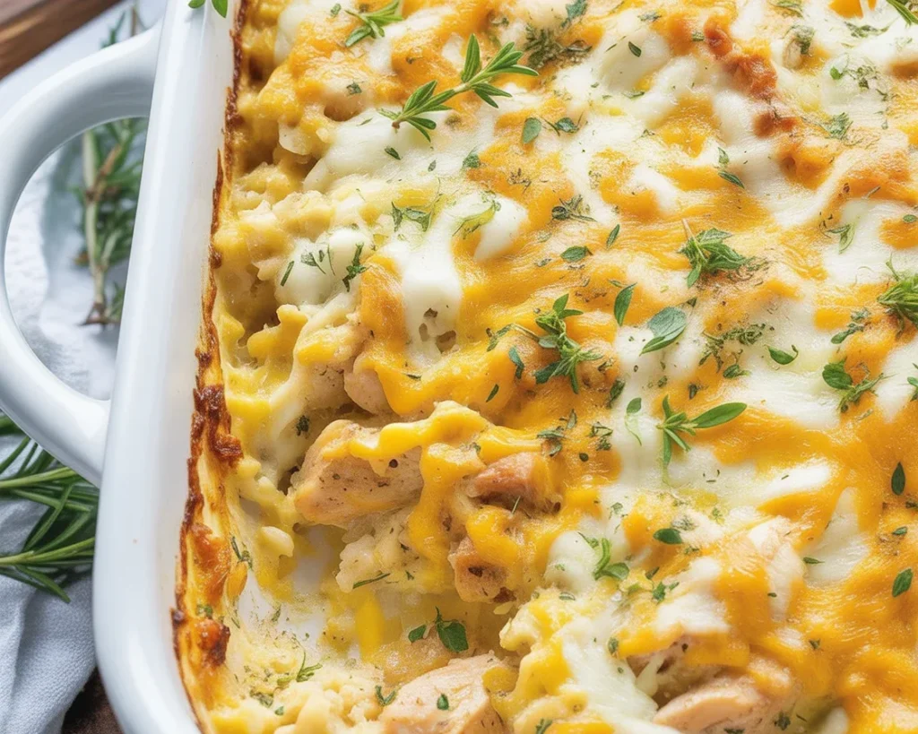 Cheesy Chicken and Rice Casserole with chicken breasts, rice, and vegetables