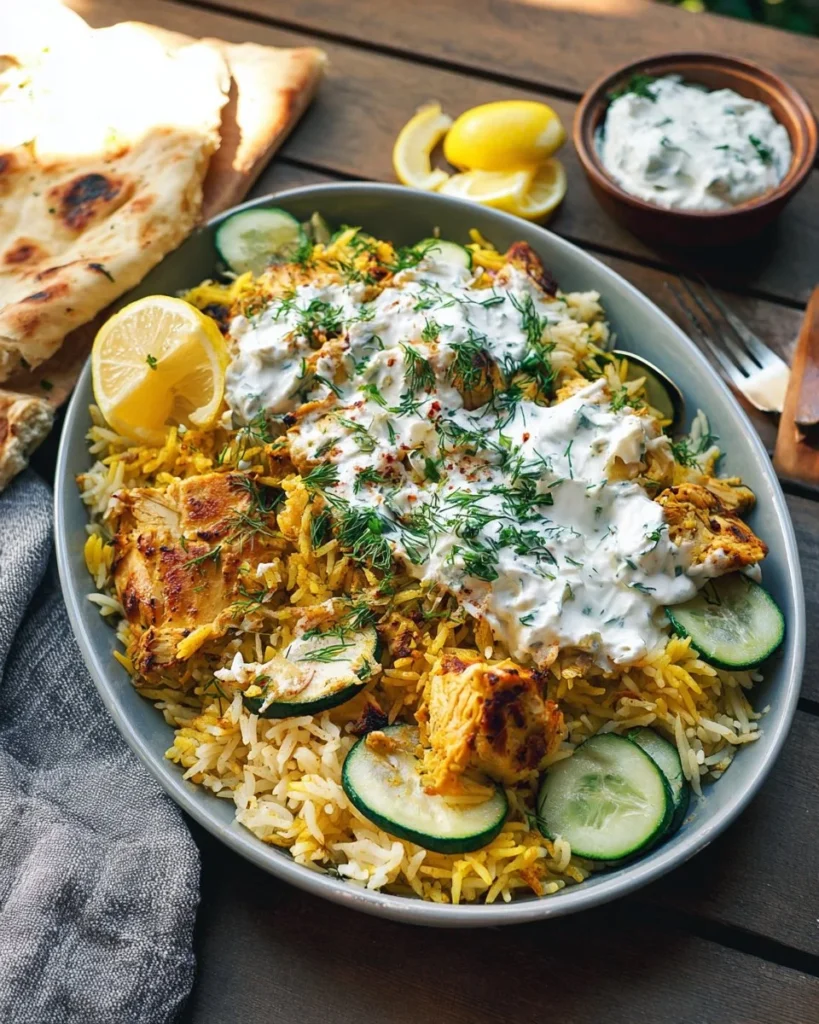 Delicious Dump-and-Bake Chicken Tzatziki served with rice.