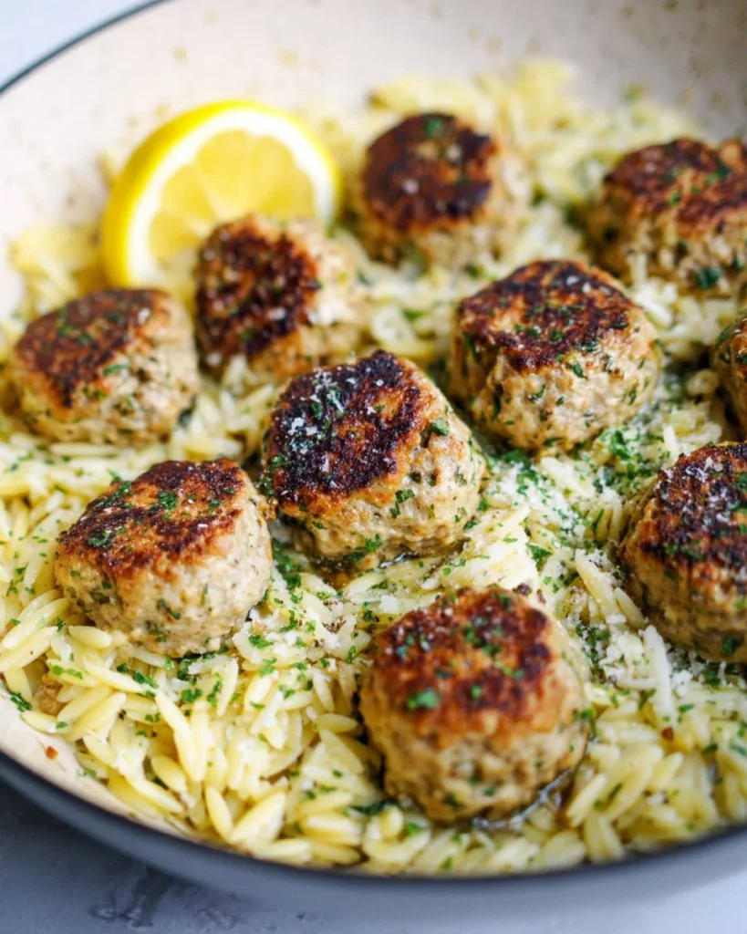 Easy Greek chicken meatballs served with lemon orzo in a colorful bowl