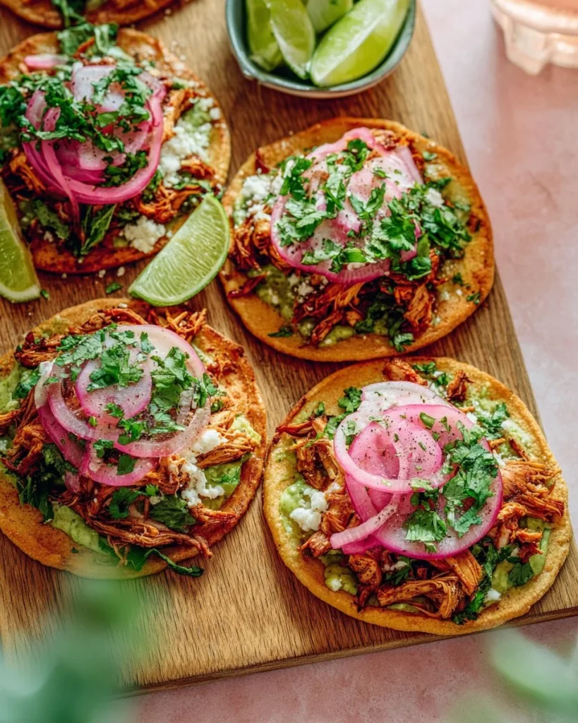 Easy rotisserie chicken tostadas with quick pickled onions served on a plate