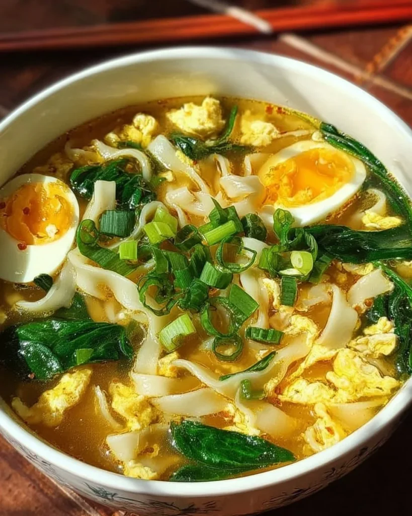 Delicious Egg and Spinach Noodles Soup in a bowl garnished with fresh herbs