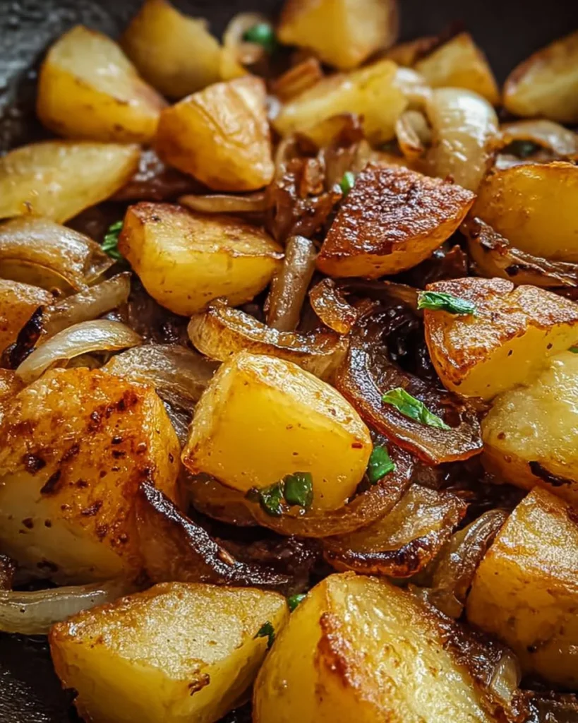 Fried potatoes and onions served in a skillet