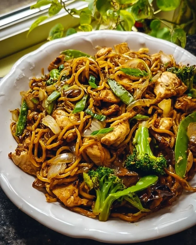 Delicious bowl of Garlic Chicken Lo Mein with stir-fried vegetables.