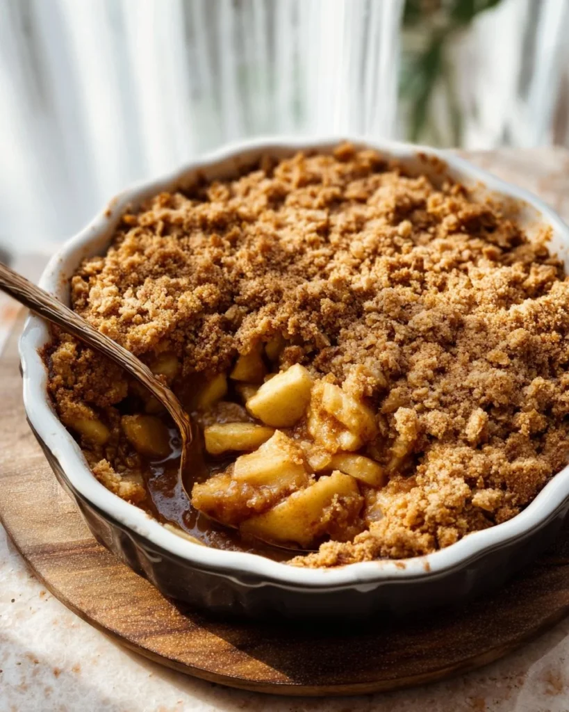 Delicious gluten-free apple crisp topped with crunchy oats and fresh apples