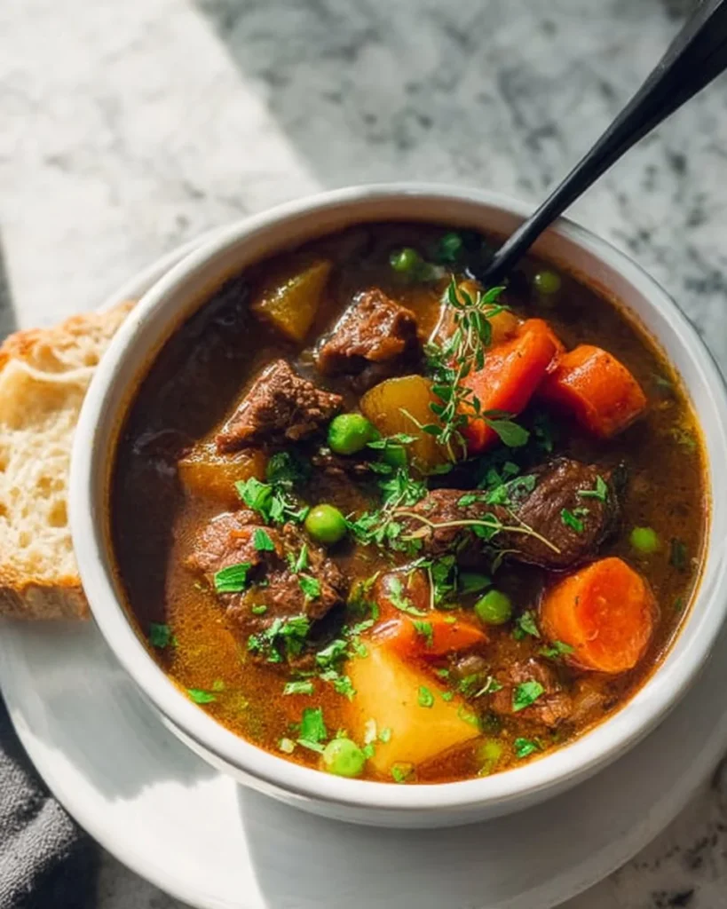 Delicious gluten-free beef stew served in a bowl, garnished with herbs.