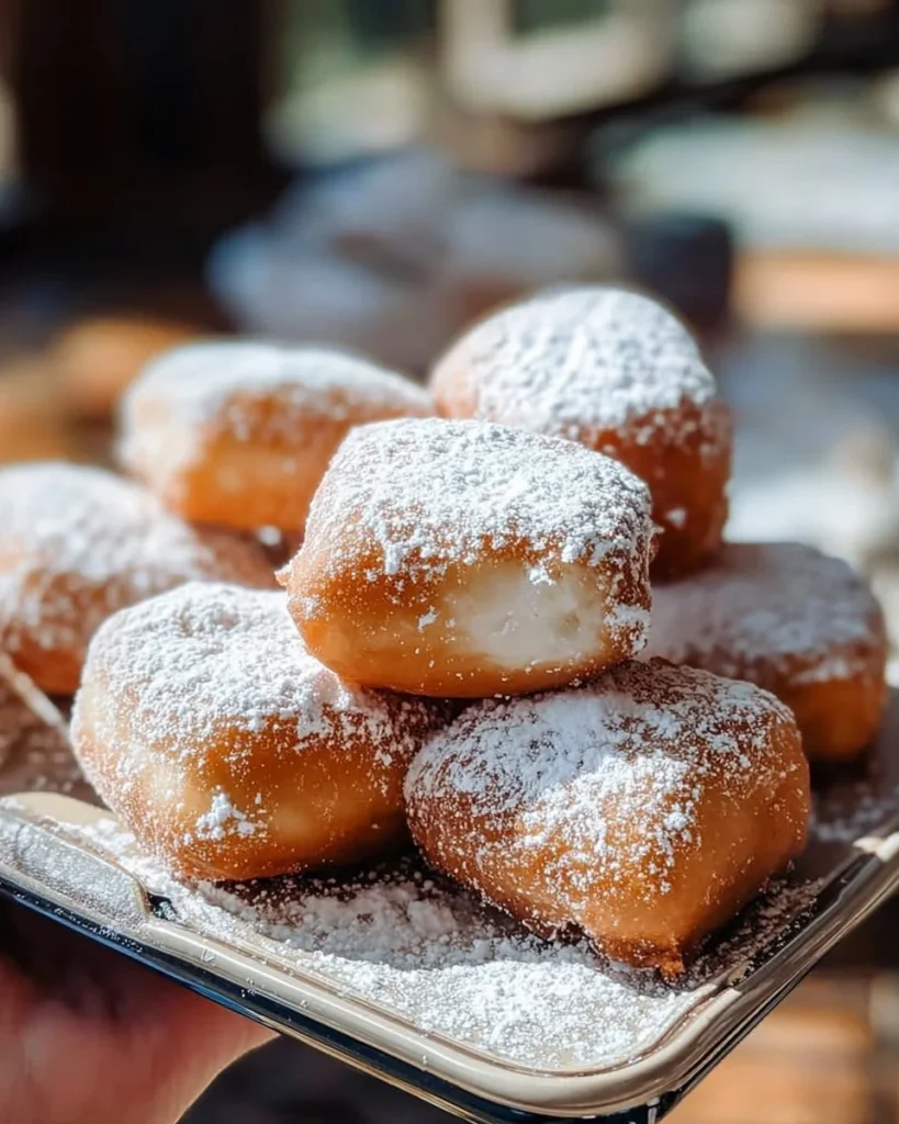 Golden brown gluten-free beignets dusted with powdered sugar on a plate.