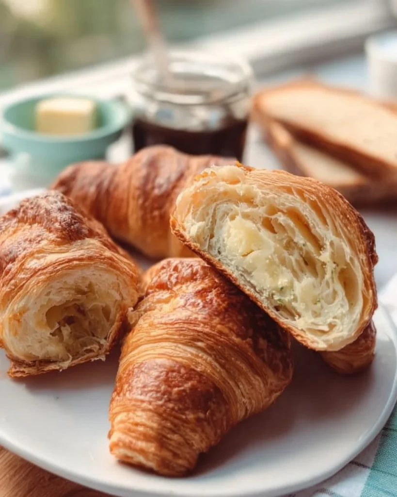 Freshly baked gluten-free croissants on a rustic wooden table