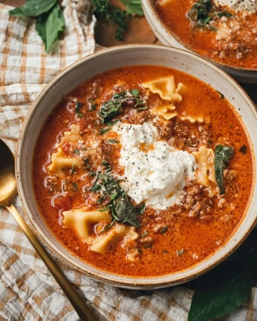 A comforting bowl of gluten free lasagna soup topped with fresh herbs and cheese.
