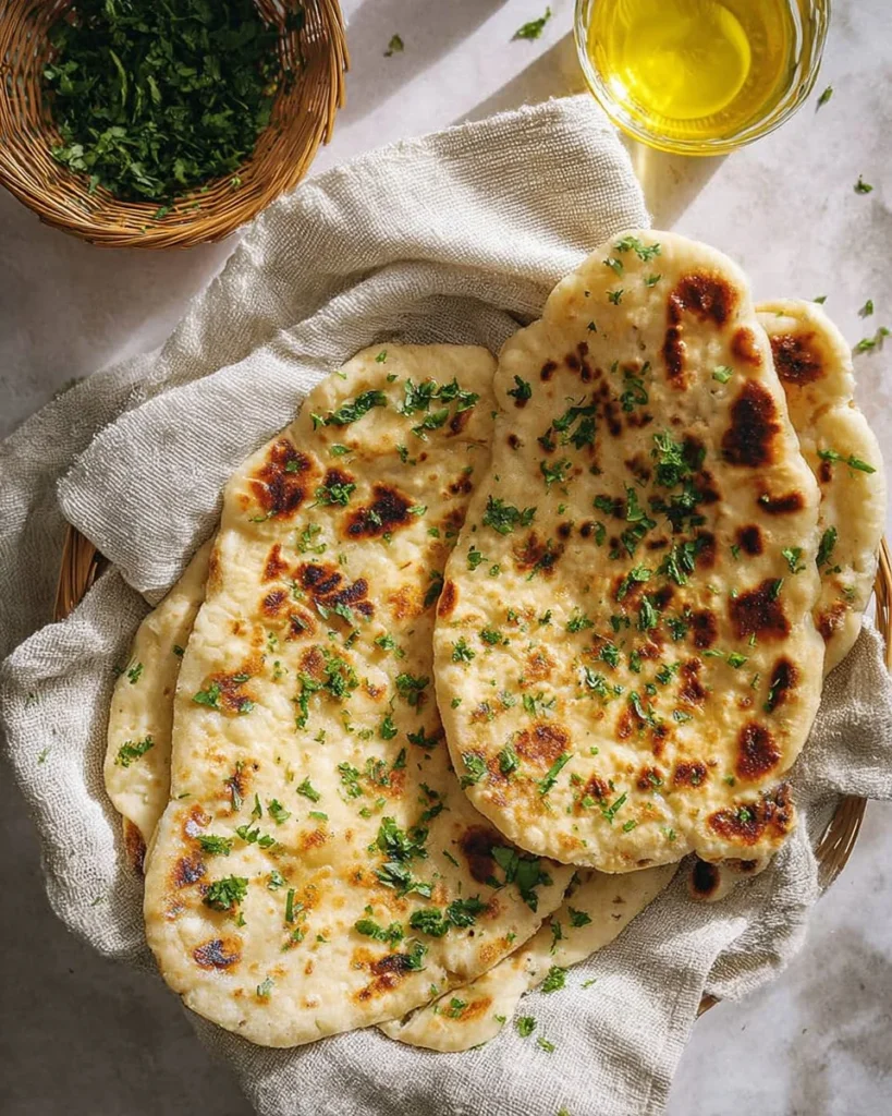 Freshly baked gluten-free naan bread on a wooden board