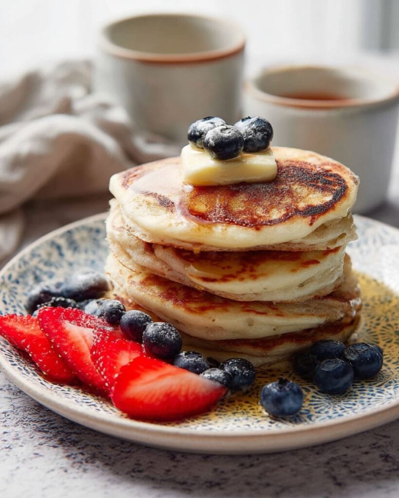 Stacks of easy gluten-free pancakes topped with fresh berries