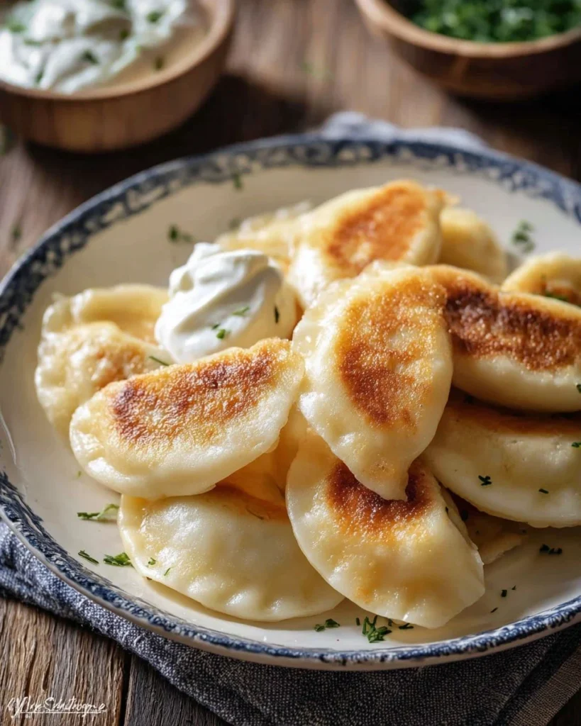 Plate of homemade gluten free perogies served with sour cream and green onions