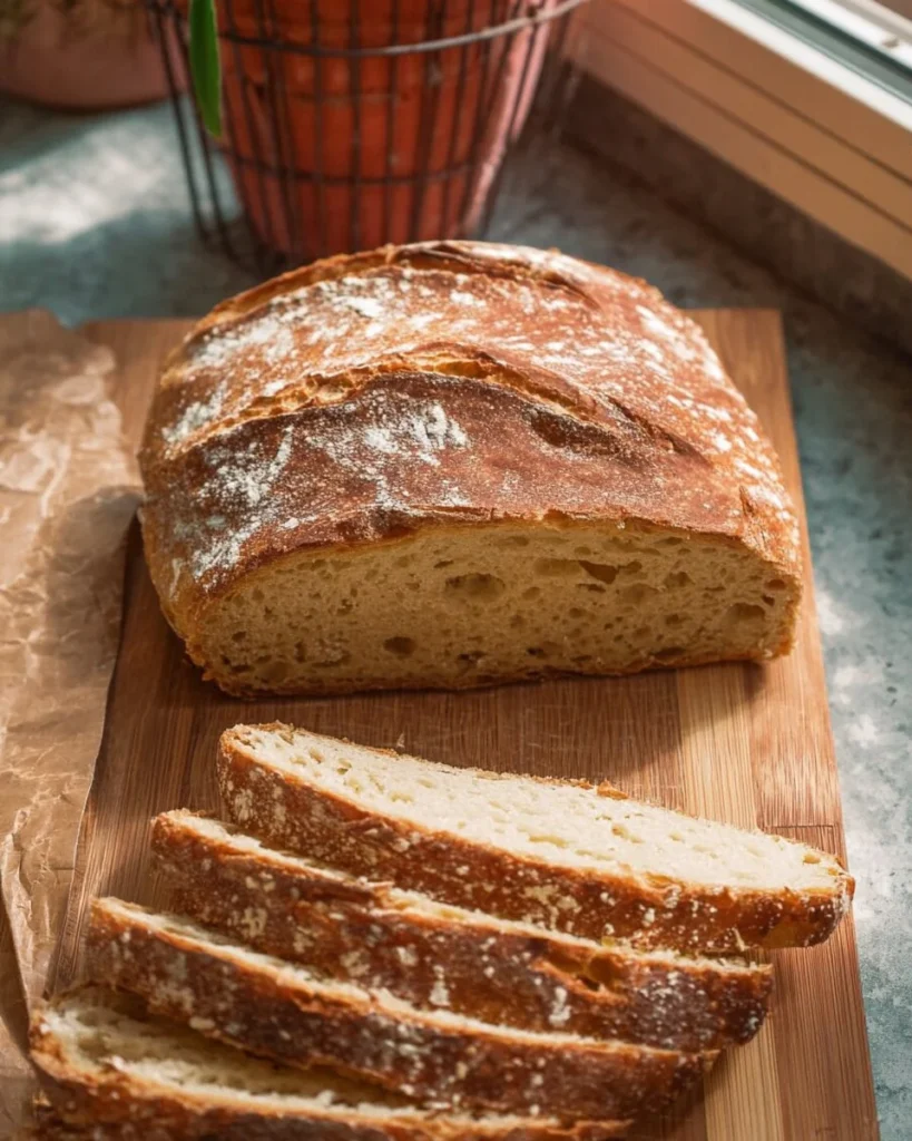 Freshly baked gluten free sourdough bread loaf on a wooden table.