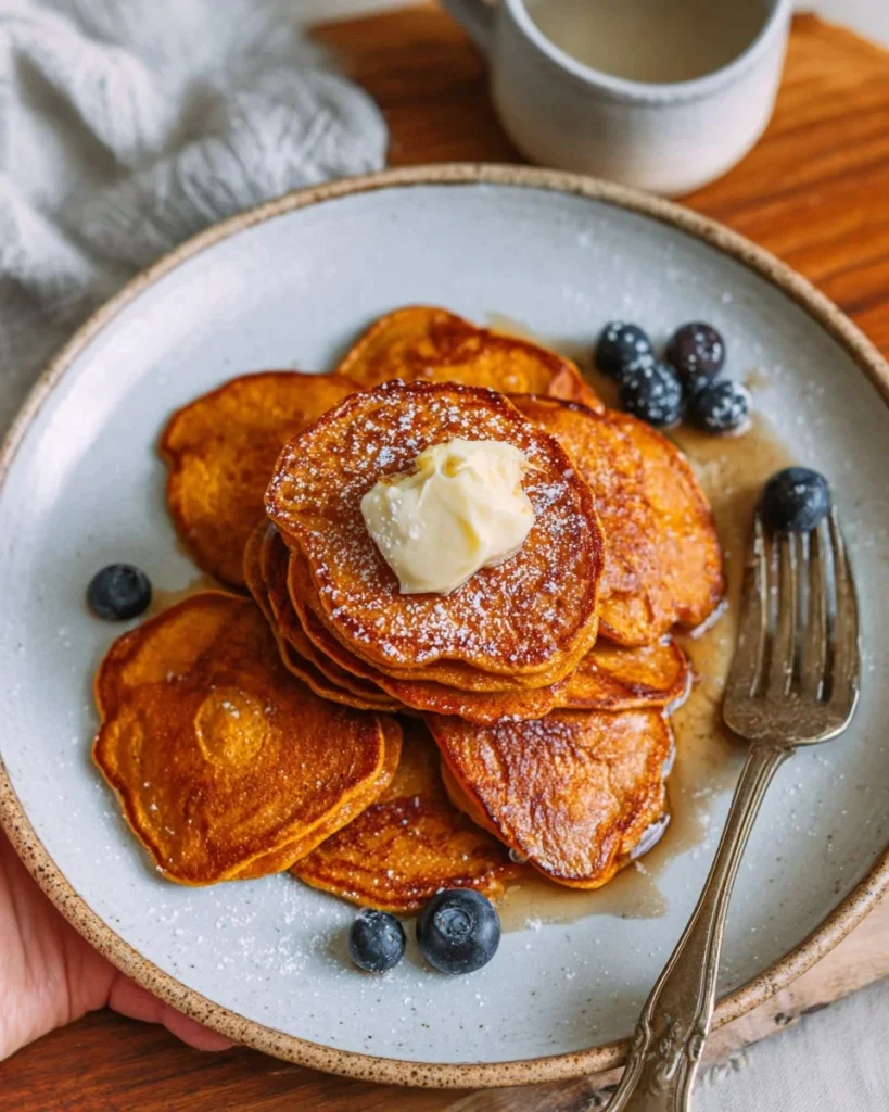 Delicious and healthy sweet potato pancakes served with syrup and berries.