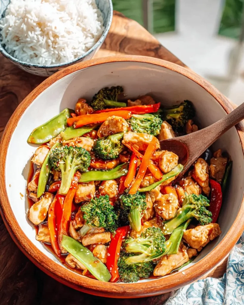 Delicious Honey Garlic Chicken Stir Fry served in a bowl with colorful vegetables.